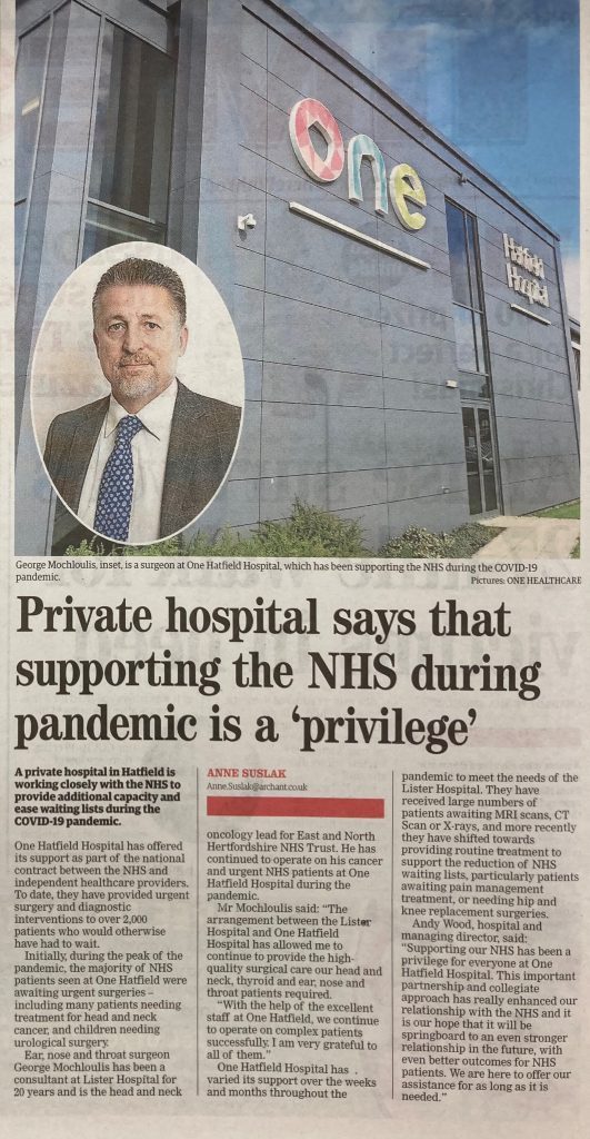 One Hatfield Hospital is proud to feature in this week's Welwyn Hatfield Times regarding our support for the NHS during the COVID-19 pandemic.